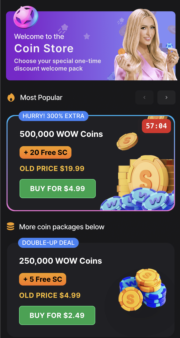WOW Vegas welcome offer of 300% extra coins
